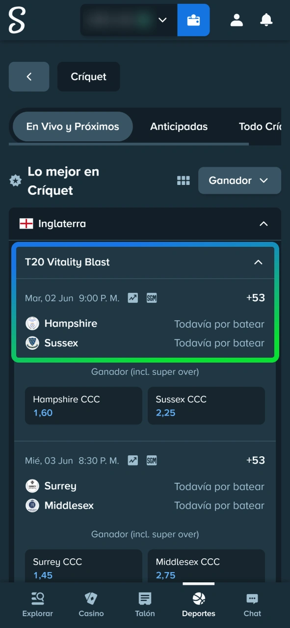 Selecciona el partido de cricket en el que quieres apostar en la casa de apuestas Stake.