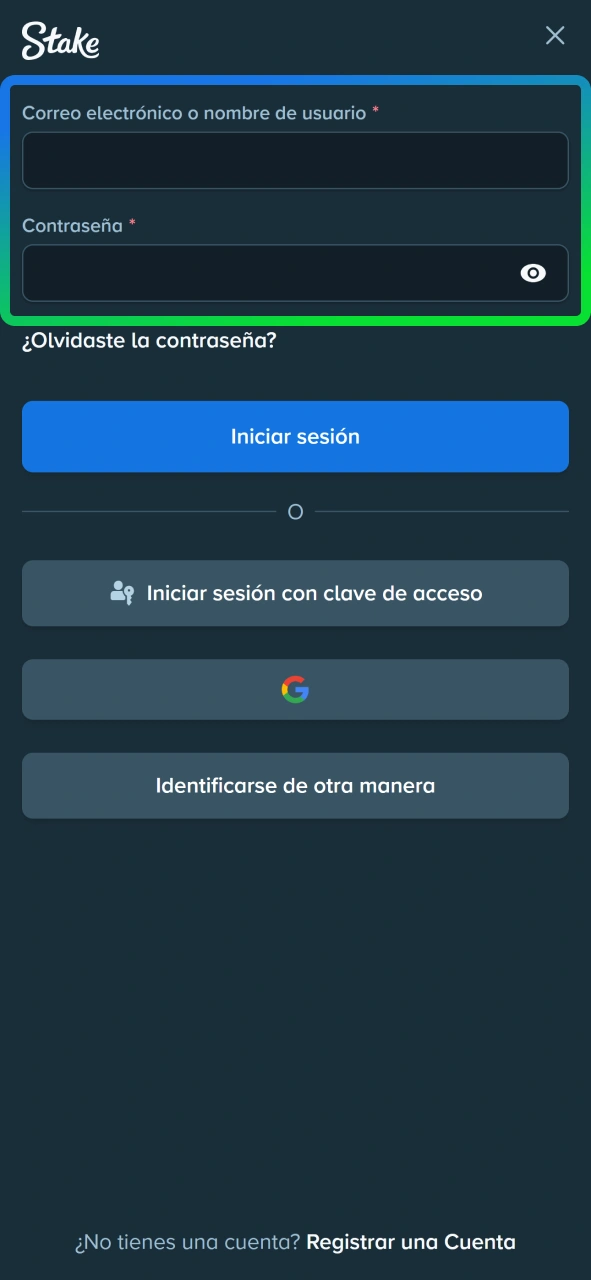 Inicia sesión en la cuenta que has creado para apostar en críquet en la casa de apuestas Stake.