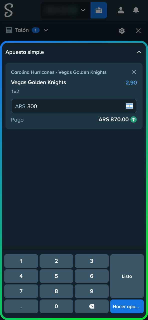 Introduce el importe de tu apuesta de hockey y confírmalo en la casa de apuestas Stake.