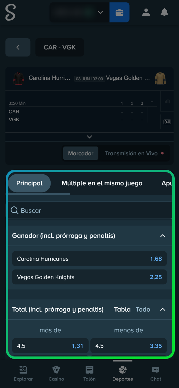Seleccione el partido de hockey y el mercado para realizar su apuesta en Stake.