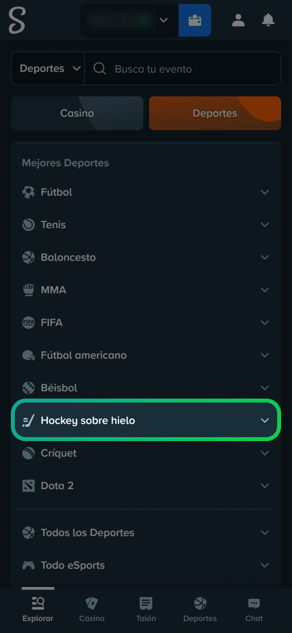 Selecciona hockey sobre hielo para apostar en la casa de apuestas Stake.