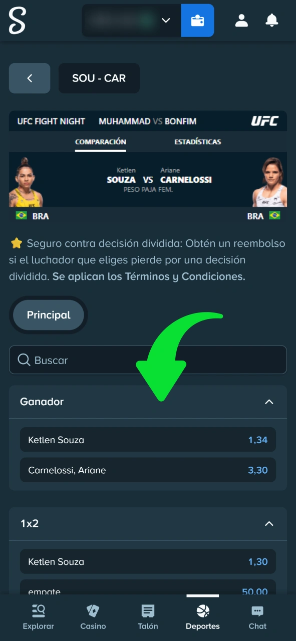 Selecciona el combate y el mercado de MMA para realizar tu apuesta en Stake.
