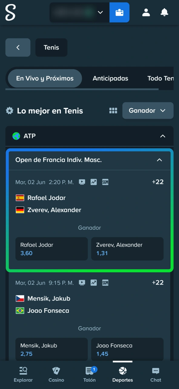 Haz clic en el partido de tenis en el que quieras apostar en Stake.