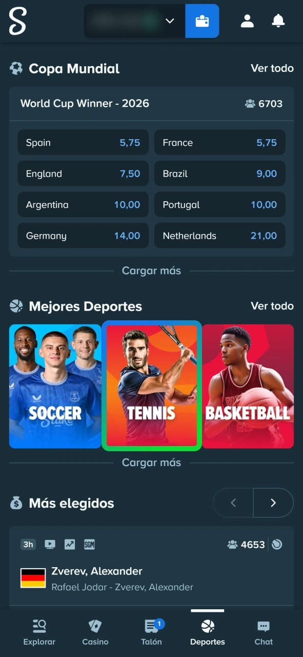 Abre la sección de tenis para apostar en Stake Sports.